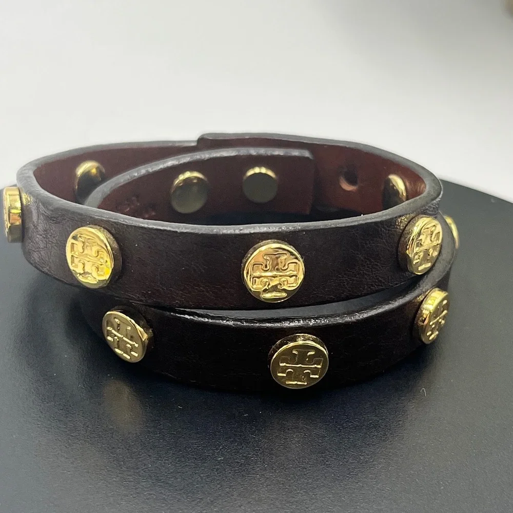 Tory Burch Jewelry Leather Brown Double Wrap Gold Logo Bracelet Made‎ in USA